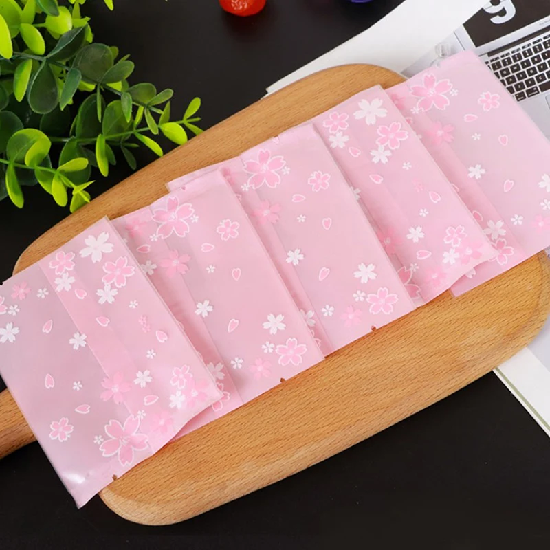 100pcs Multi-size Sakura Pink Cherry Blossom Frosted Self-adhesive Cellophane Bag Self Seal Cookies Packing Plastic Baker's Bags