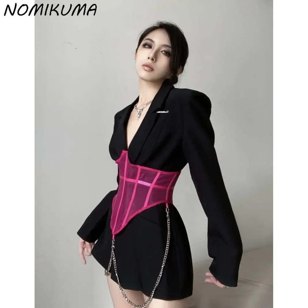 Nomikuma 2023 Autumn Elegant Medium-long Blazer Women Single Breasted Notched Collar Korean Suit Jacket + Pink Slim Wiast Belt