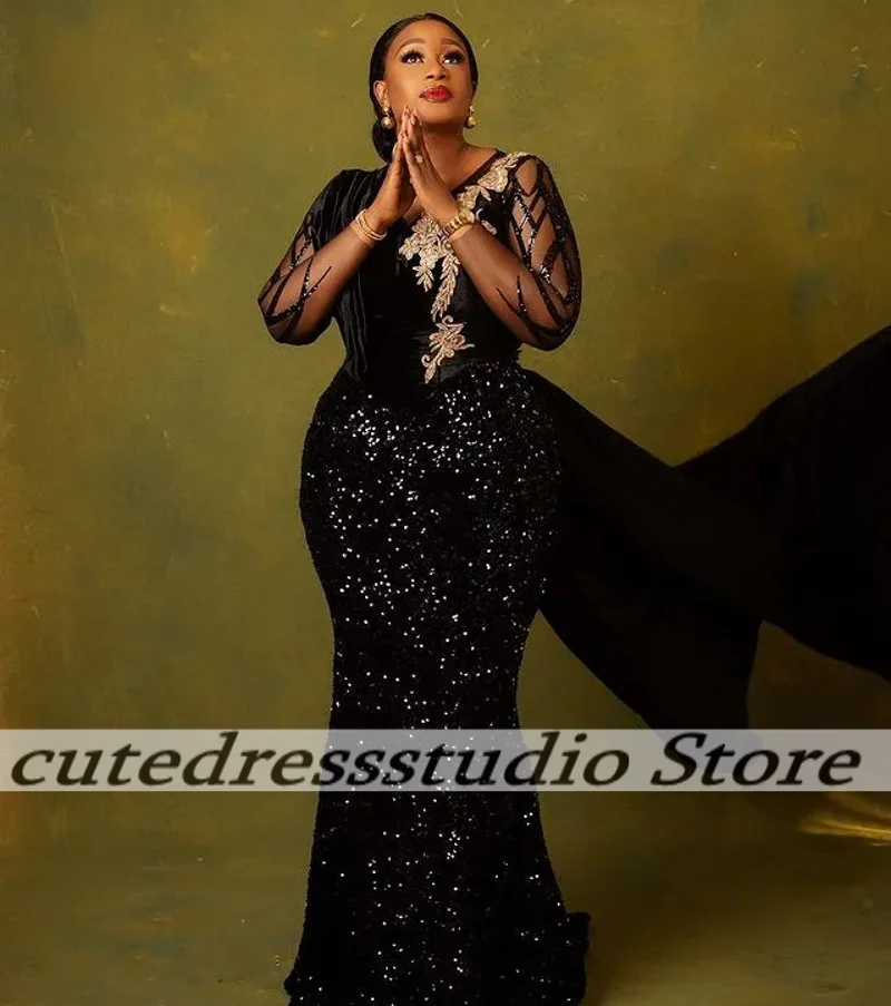 Generous Black Evening Dress For Women Mermaid Sequined Illusion Sleeves Formal Party Prom Dresses Vestidos De Fiesta Customized