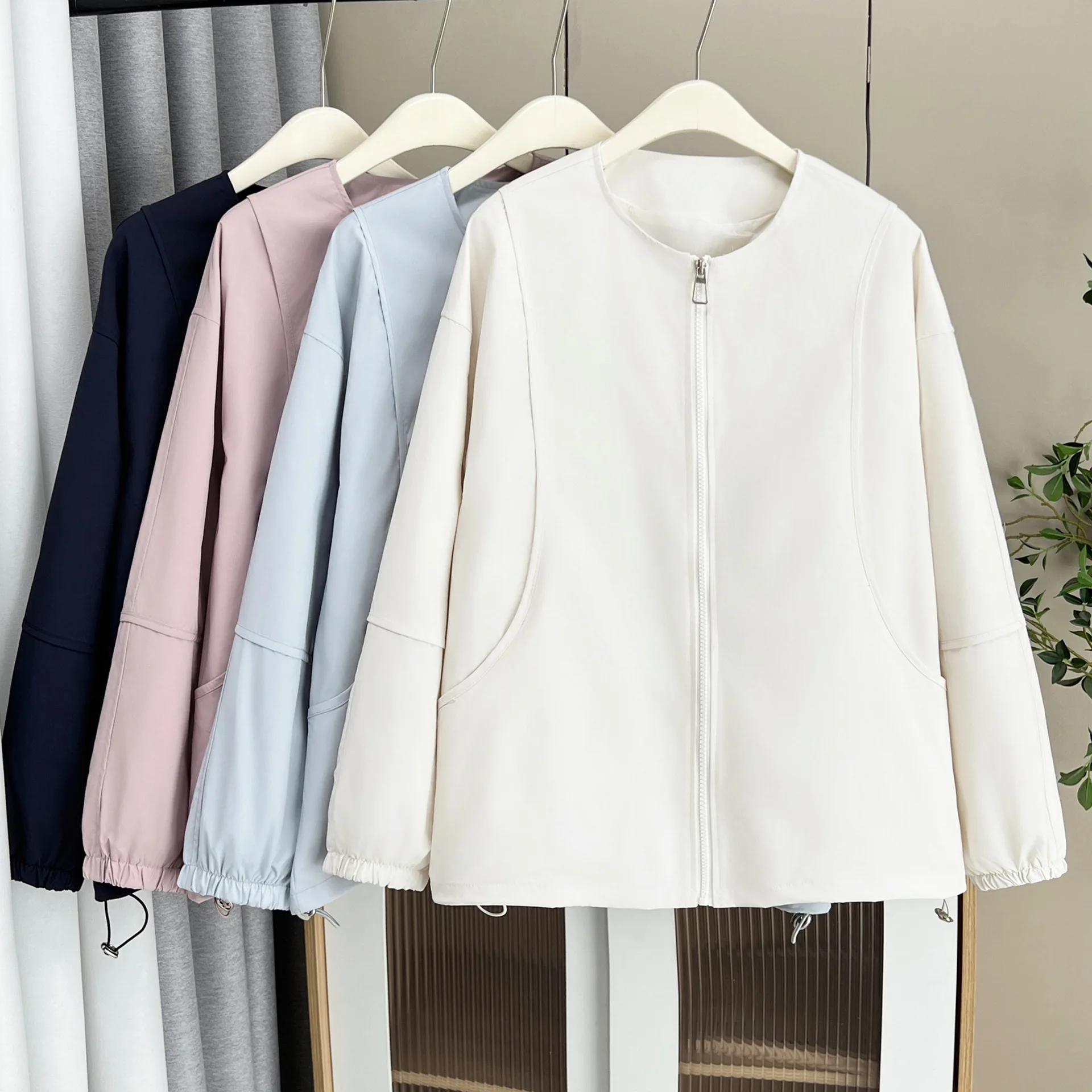 XXXXL موضة حجم كبير سترة نسائية بسحاب فضفاضة بدون ياقة معطف مرقع ملابس خارجية غير رسمية 309