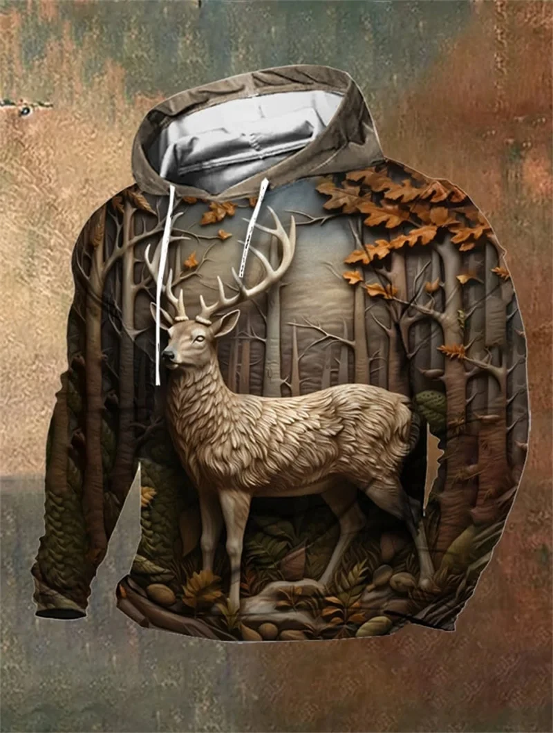 Deer Animal Pattern 3D Print Hoodies Men Women Long Sleeve Vintage Hooded Sweatshirts Oversized Y2k Pullover Male Tops Clothing