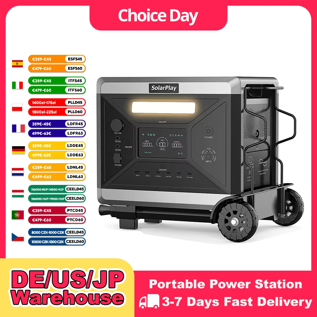 SOLARPLAY Mobilna Elektryczna Stacja Zasilania 220V 2400W Przenośna Elektrownia 2160WH Akcesori...