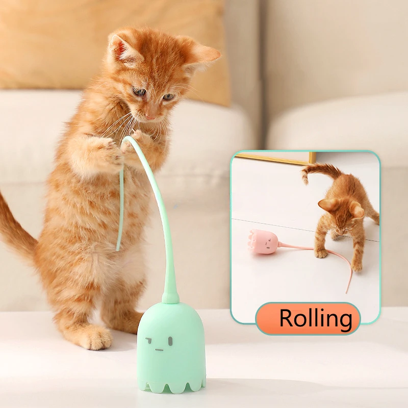 

Interactive Cat Toys USB Electric Intelligent Rolling Ball Toy Cats Pet Silicone Automatic Rotate Mouse Tail Kitten Teaser Stick