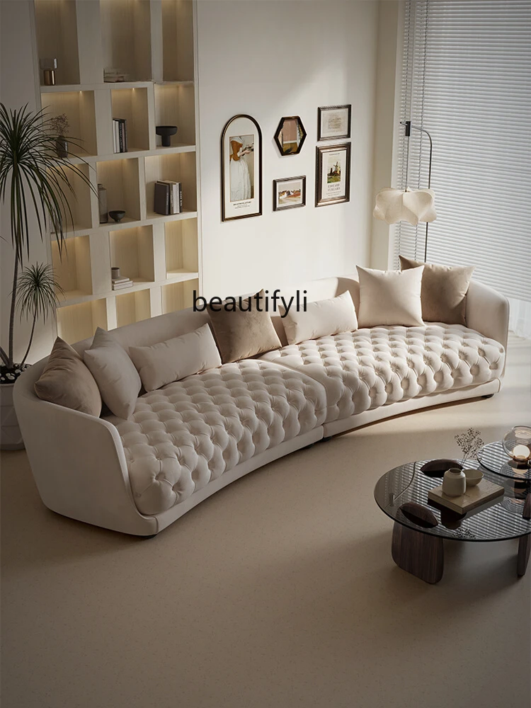 French Curved Fabric Sofa Living Room Retro Cream Simple Pull Buckle Creative Sofa