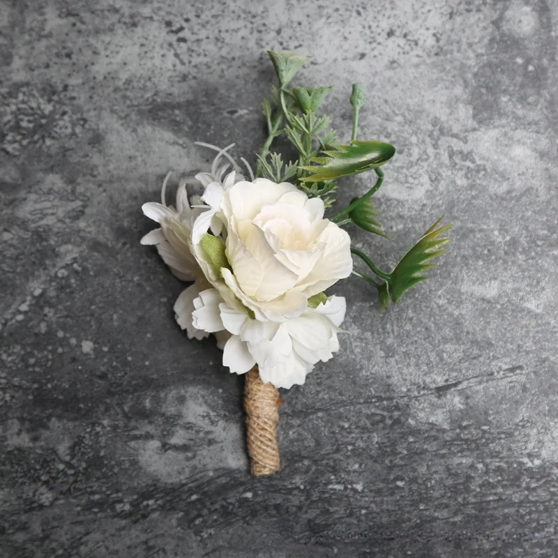 คลาสสิกสีขาว Aralifical Rose ดอกไม้ Boutonniere Corsage ข้อมือเพื่อนเจ้าสาวแต่งงานอุปกรณ์เสริมสำหรับพ.