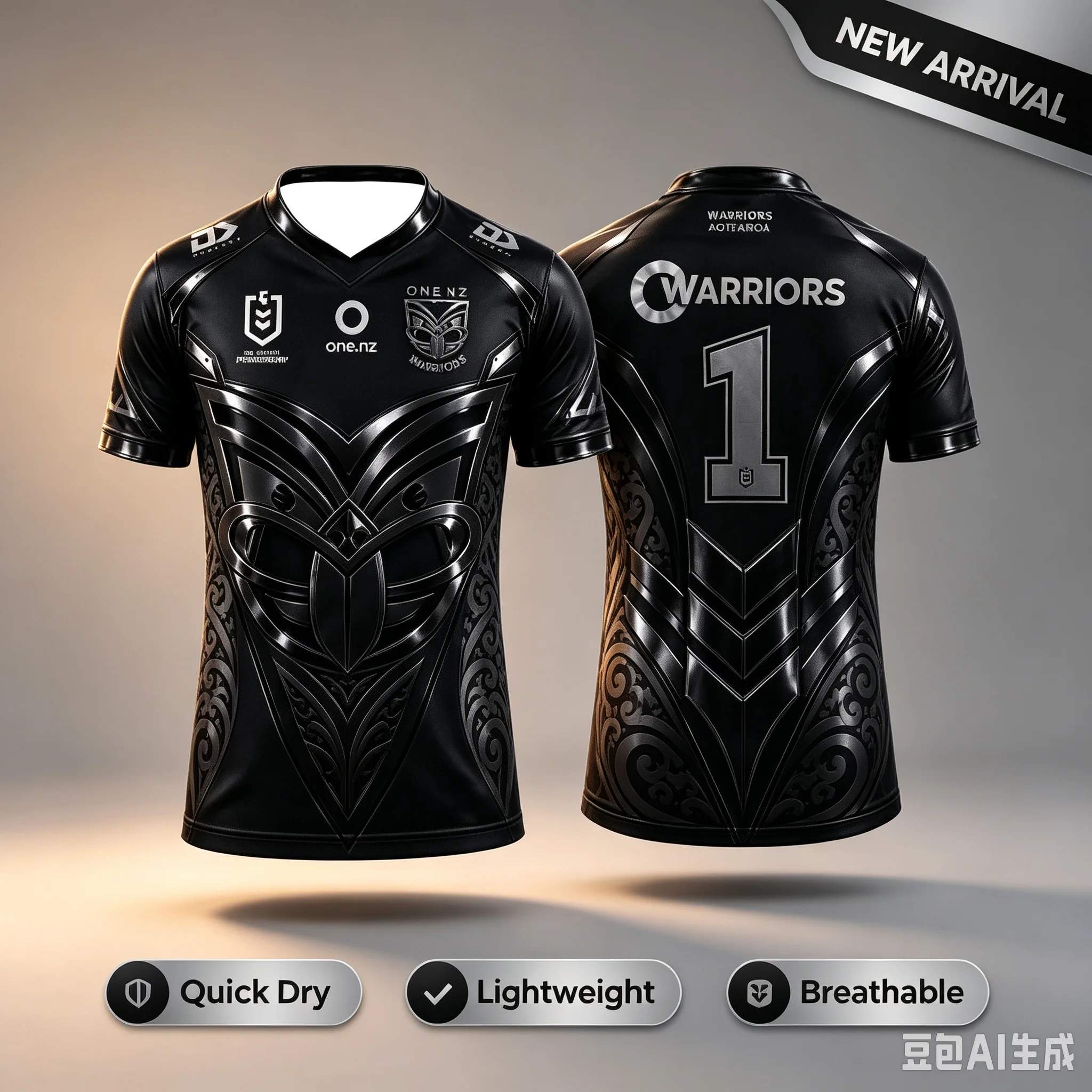 Family Matching Warriors Maori Tribal Metallic Print Rugby Jersey Oversized Solid Black Full Koru Pattern Number 1 Mesh Tee