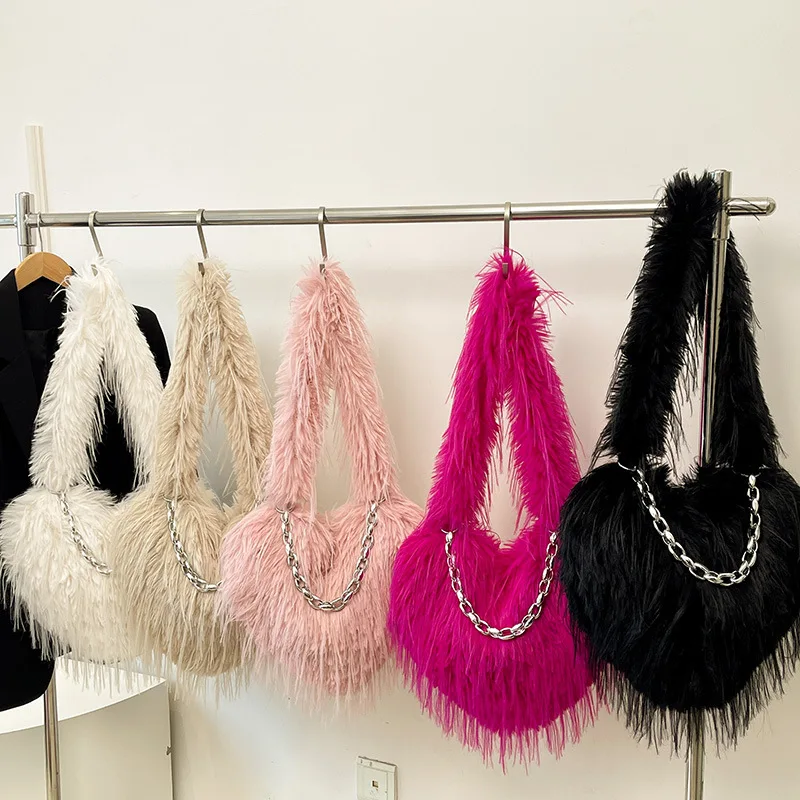 

New! Stylish Furry Heart - shaped Tassel Bag, Y2K - inspired Chain - handle Handbag, Large - capacity Shoulder Purse for Women