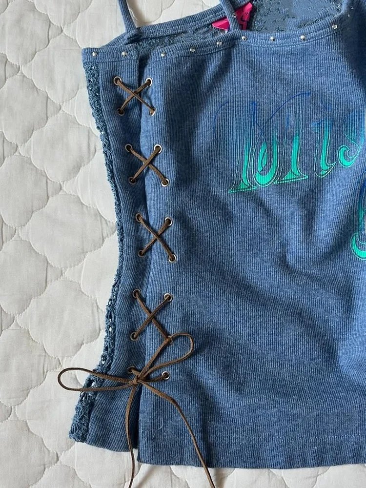 

Summer Original Design Blue Strap Top Vintage Spicy Girl Personali Vest Women's Faion Cotton Blend Regular Fit Tank Top