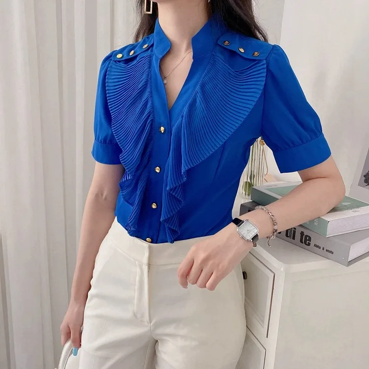 Csa azul ajustada con cuello en V para mujer, e pliegue de acordeón sin mangas con detalle de botones, estilo de vi...