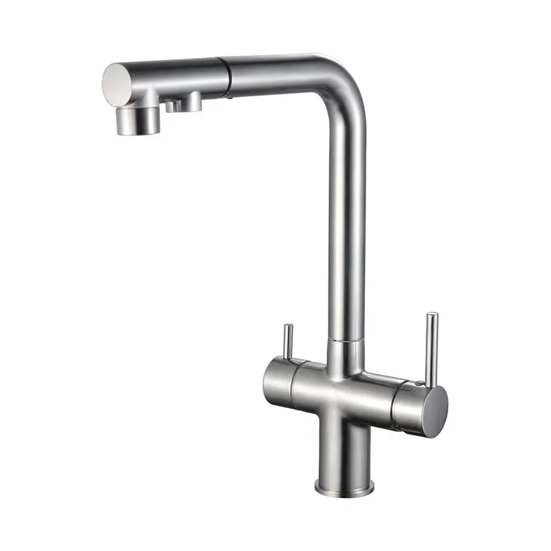 Modern Brass Body Brushed Nickel Double Outlet Pull Faucet Direct Drinking Tap Three Way Sink Mixer Kitchen Faucet for Bathroom