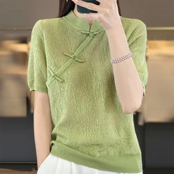 2024 Vintage Cashmere Sweater Women Spring Summer New Short sleeve Loose Sweater Top Lady Chinese Style