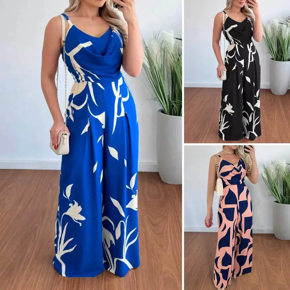 

Casual Wear Jumpsuit Stylish Women's V Neck Backless Jumpsuit Colorful Print Wide Leg High Waist for Vacation Commute Women