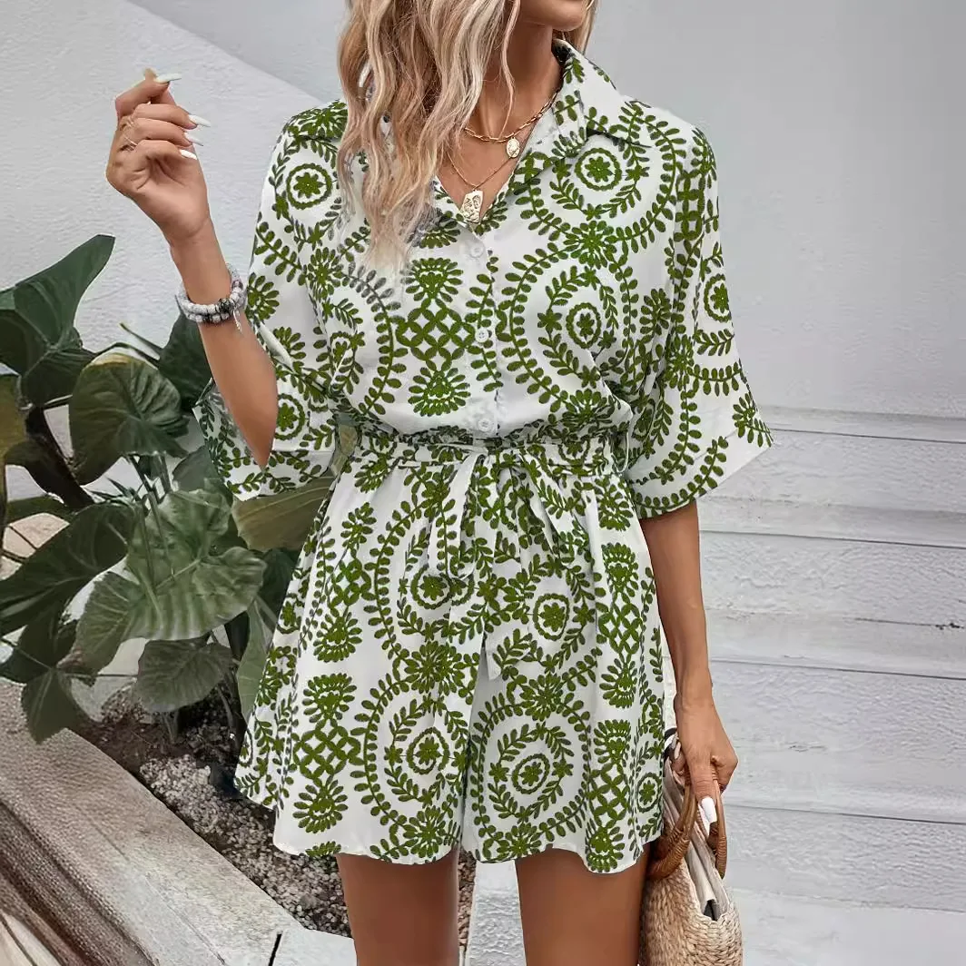 Camisa de impressão feminina macacão verão moda botão batwing manga boho macacão feminino casual solto rendas até playsuit senhoras