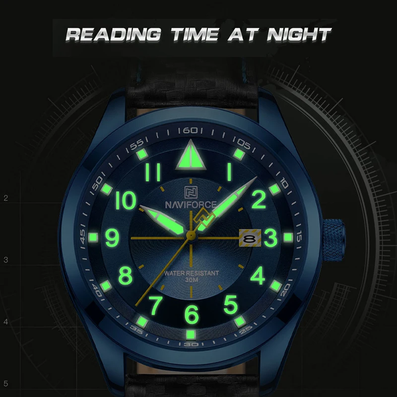 Watches for Men NAVIFORCE New Business Classic Blue Man Leather Quartz Luminous Wristwatch Military Sport Waterproof Male Clock