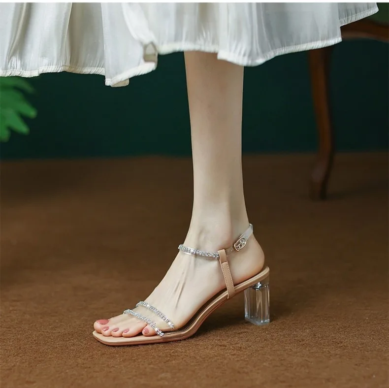 Korean Version of Crystal High-heeled Shoes  Summer New One-word Square Head Thick with Rhinestone Sandals Female.