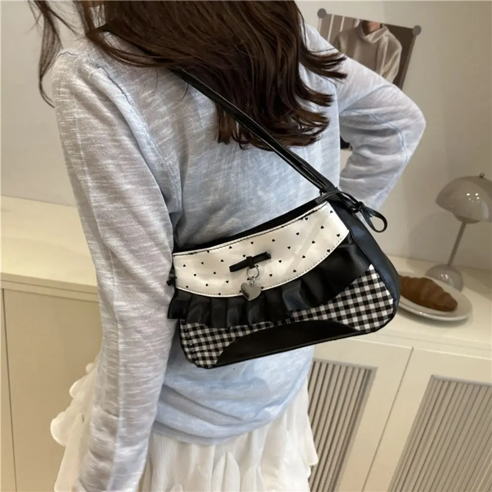 

Casual French Lace Bow Shoulder Bag Sweet PU Polka Dot Handbag Large Capacity Korean Style Armpit Bag School