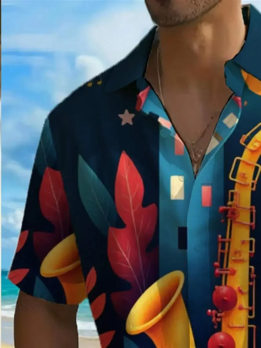 

Mens 3D Print Casual Hawaiian Shirt With Saxophone And Cityscape Design