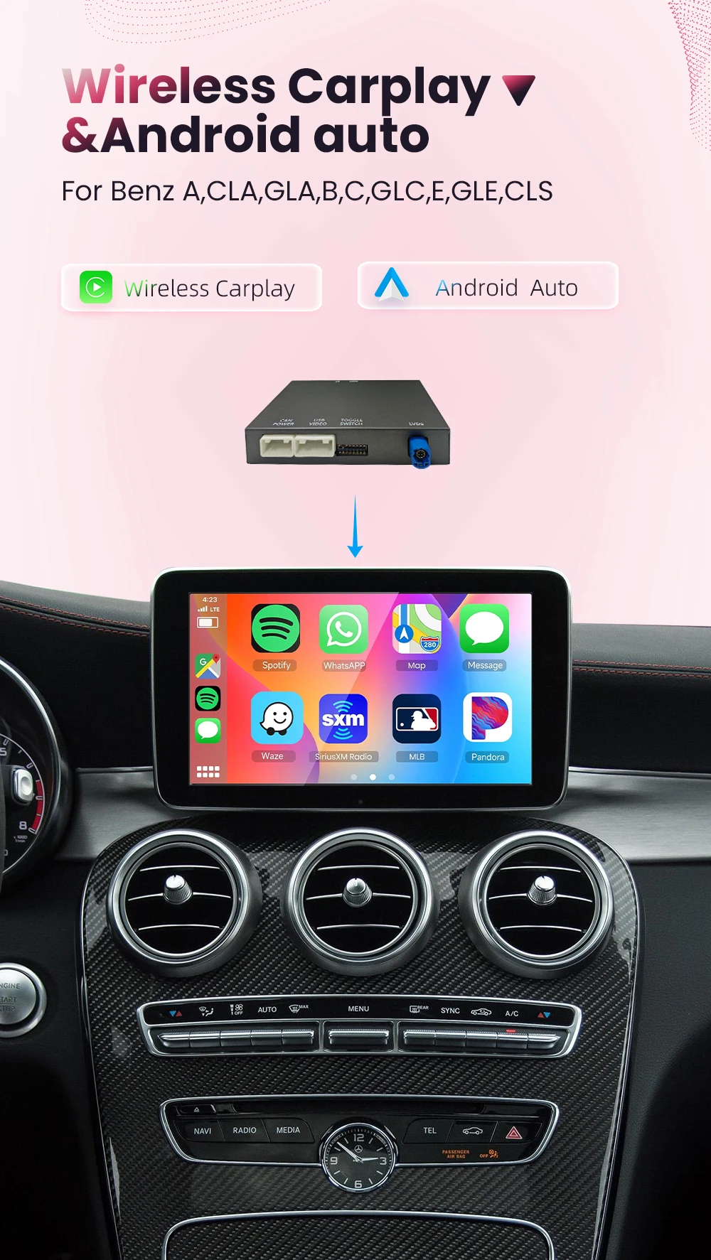 BONROAD Kabelloses CarPlay Android Auto Upgrade-Modul für Mercedes Benz C GLC W205 A CLA GLA B E GLE CLS NTG4.5 NTG 5.0 mit Airplay und Mirrorlink – Detail 1