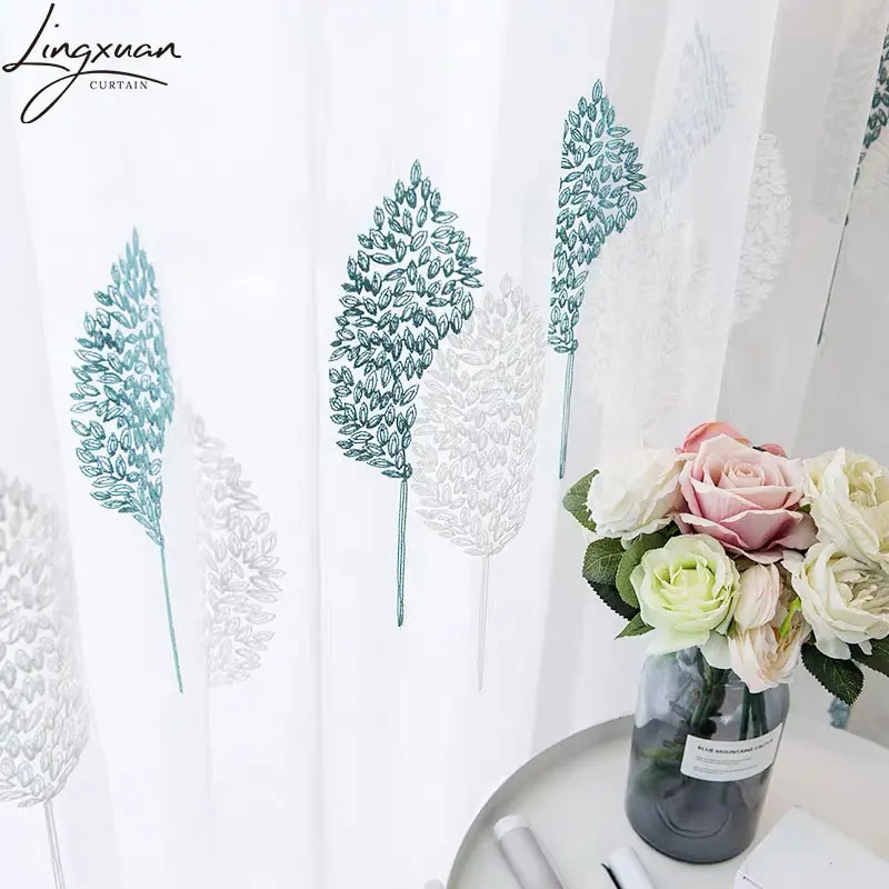 Modern Sheer Curtains Window for Living Room Embroidered Leaves Voile Curtain Bedroom Bathroom Tulle Curtain For Kitchen Drapes