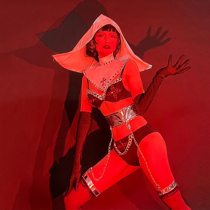 Pole Dance Costume Sexy Bikini Nightclub Gogo Show Dancer Outfit Halloween Nun Rave Festival Clothing Dj Ds Clubwear