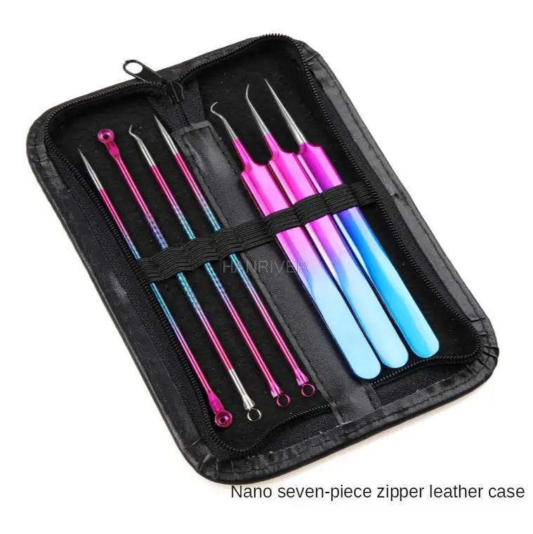 Kabura ze stali nierdzewnej z igłą do usuwania trądziku, klips do wyciskania zaskórników, siedem narzędzi do układania w stos, pokryte pięciokrotnie.