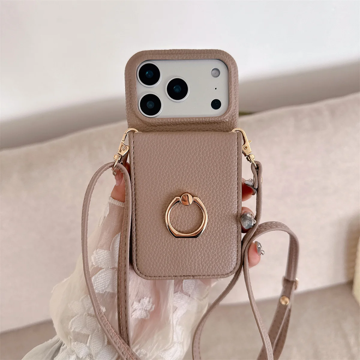 Lanière à bandoulière avec anneau porte-carte, étui portefeuille avec miroir de maquillage pour IPhone 17 Air 16E 15 14 Plus 13 12 11 Pro Max