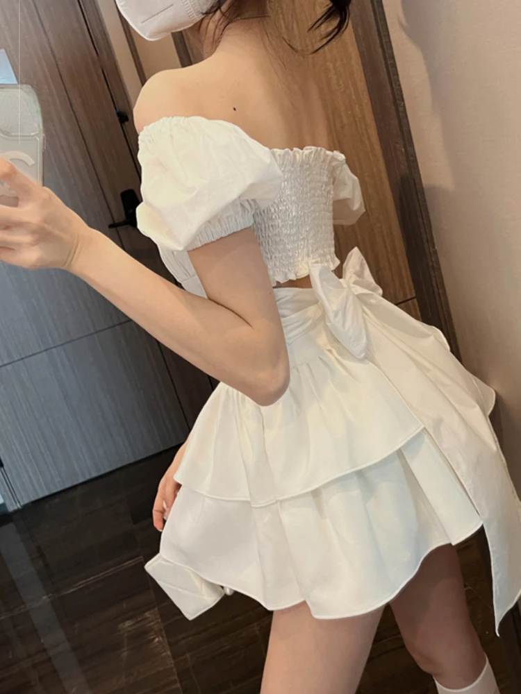 2022 White Sexy Backless Mini Dress Women Korean Fashion Casual Elegant Party Dress Female Ruffle Kawaii Lolita Party Y2k Dress