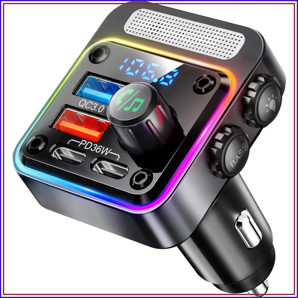 54W Bluetooth 5.3 Car Adapter, PD36W+QC3.0 Fast Charging, FM Transmitter with Deep Bass, 5-Color LED, Hands-Free Calling