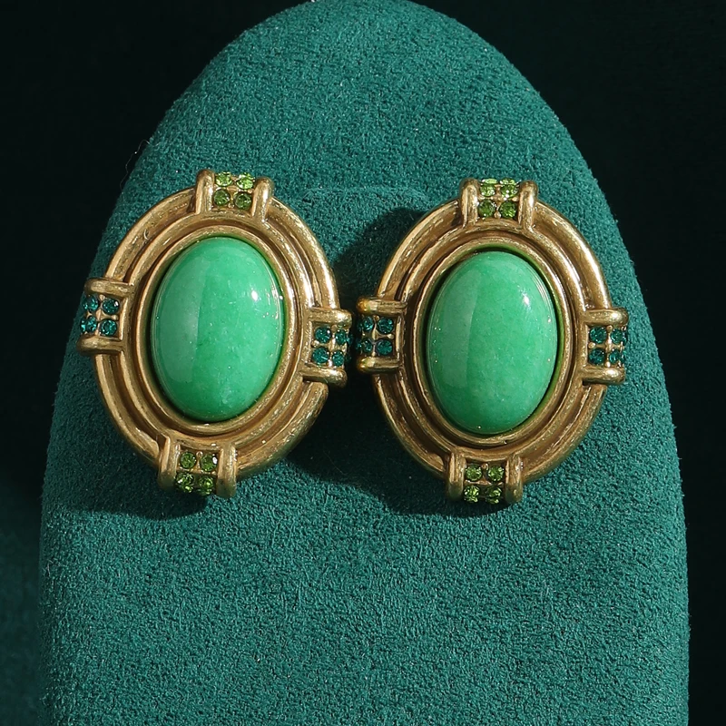

Vintage Jewelry Natural Stone Green Earrings Jade For Woman Party Accessories Antique Gold Color Luxury Dubai Designer 2025 New