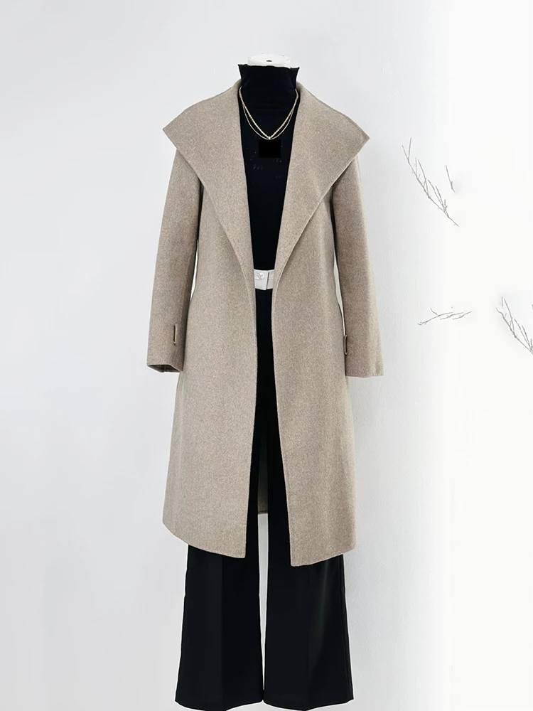Mid-length wool blend coat, 2026 Autumn/Winter new style, elegant and slim-fitting belted women's overcoat.