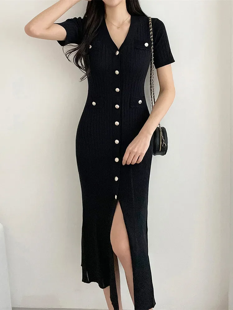 Summer Midi Dress Women Knitted Black Bodycon Korea Style Ruffle Ladies Dresses Elegant Fashion Casual Woman Dress 2024