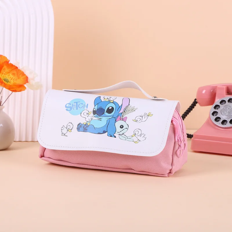 Stitch Pencil Bag para meninos e meninas, lona impressa para estudantes, papelaria portátil, estojo de dupla camada, novo