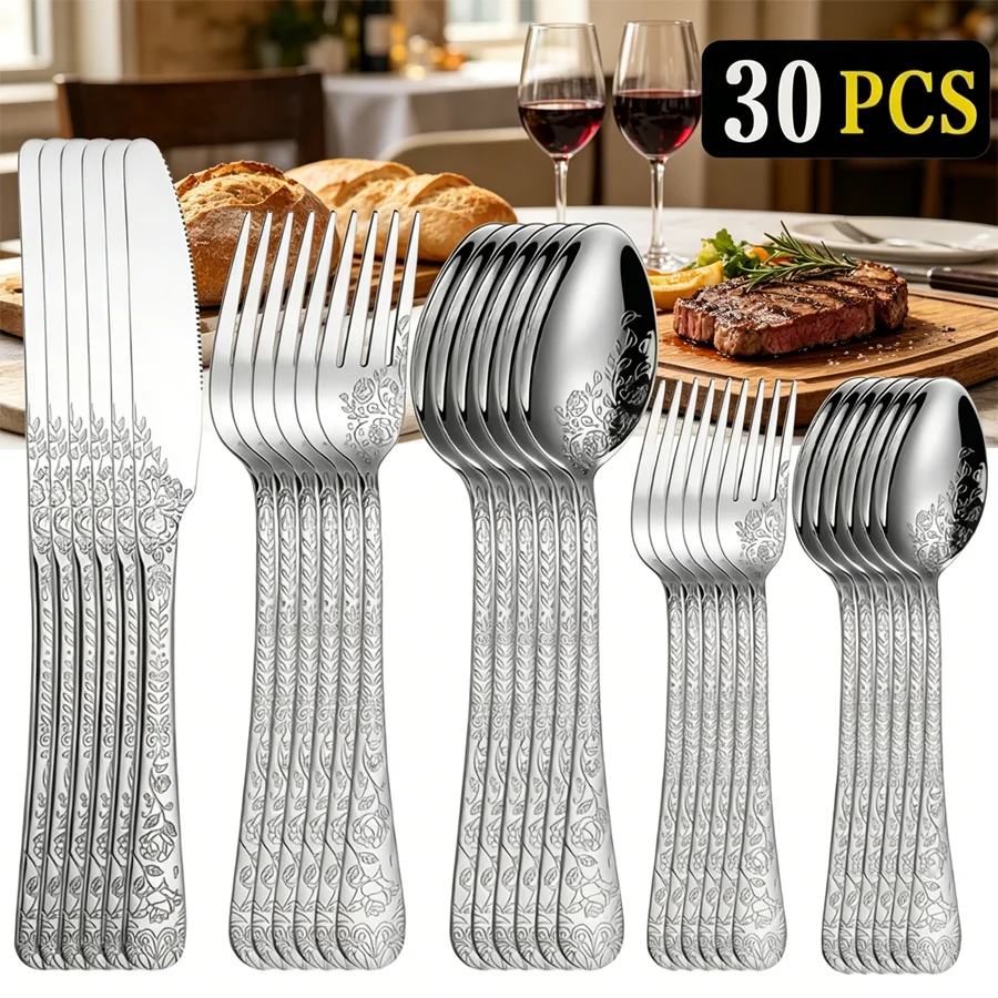 30 Pieces of Stainless Steel Cutlery Set, Forks and Spoons with Retro-Style Carved Handles, Mirror Polished.