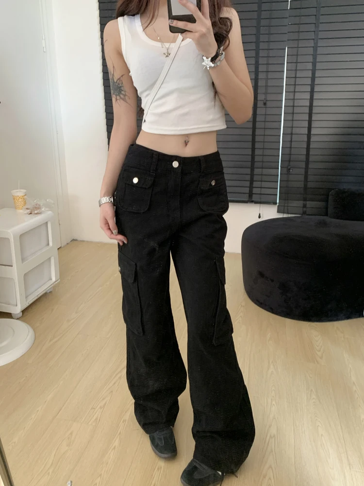 Pantalones Cargo blancos para mujer, ropa de calle estética Vintage Y2k Harajuku, pantalones de paracaídas, Pantalones anchos de cintura alta, ropa de los años 2000