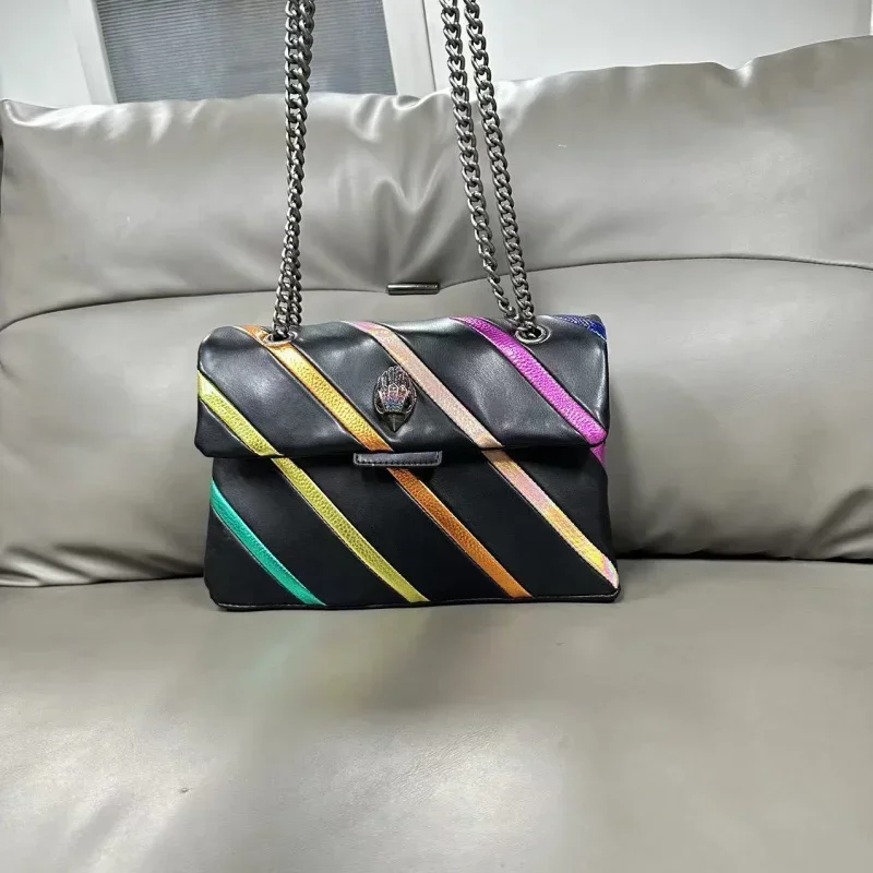 Fashion Women's Bag Luxury Designer Rainbow Striped Patchwork Chain Flap Shoulder Crossbody Bags Eagle Head PU Leather Handbags