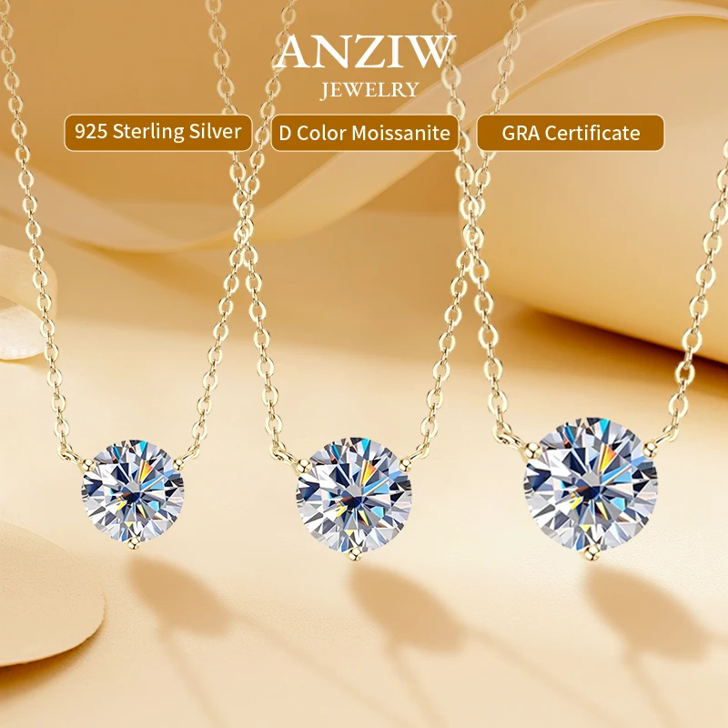 

Anziw 925 Silver 1CT 1.5CT 2.0CT D Moissanite Pendant Necklace for Women Classic Three Claw Solitaire Necklaces Certified Jewel