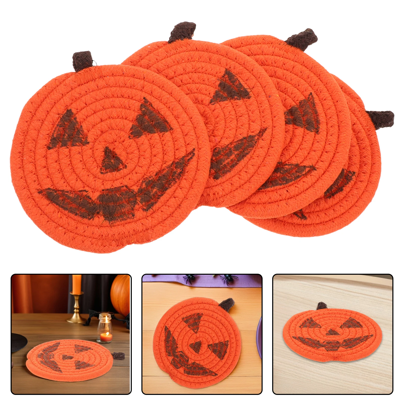 

4pcs Pumpkin Shaped Coasters Halloween Cup Mats Crochet Fall Beverage Insulation Pads Heat Resistant Coffee Table Mats For