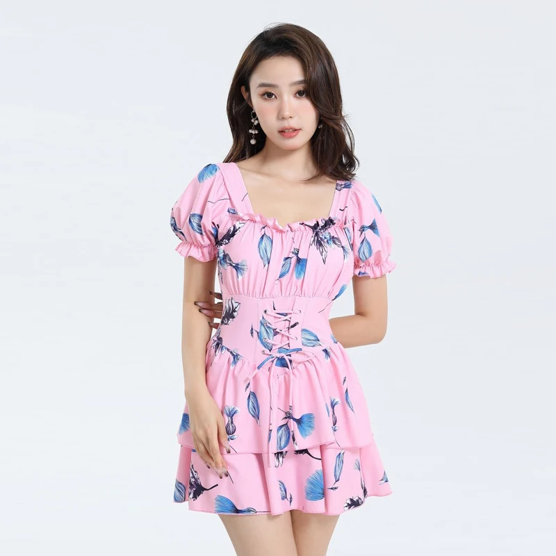 Adjustable Swimwear Women One Piece Tunic Ruffle U Neckline Swimsuit Shot Sleeve Hot Spring Clothes Bathing Suit Beachwear