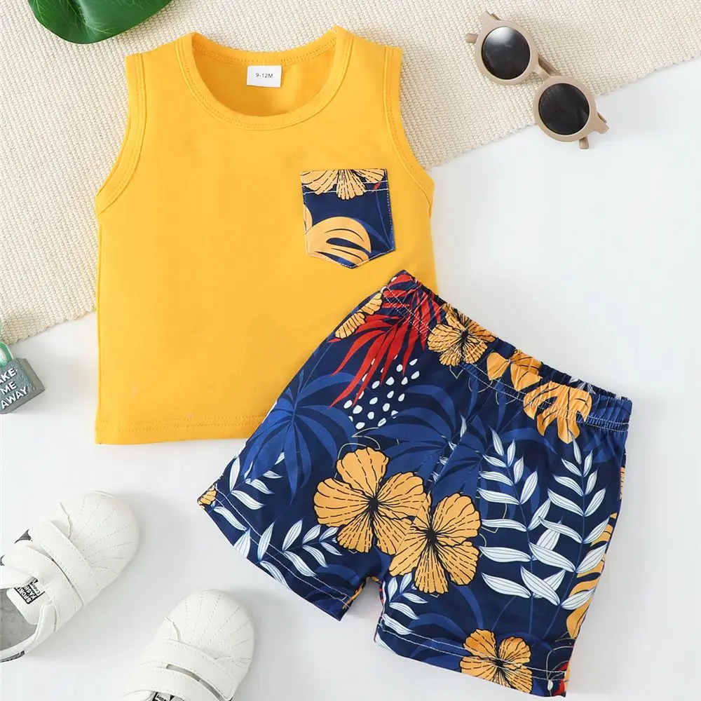 3-24 Months Infant Baby Boy Clothes Set Summer Sleeveless Pocket T-shirt +Shorts 2PCS Toddler Boy Casual Outfit Suit Beach Set