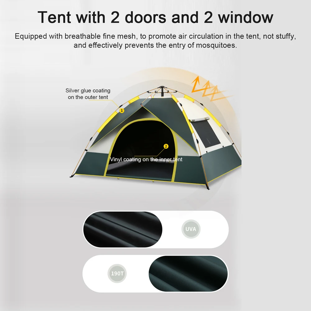 3-4 Person Camping Dome Tent Quick Setup Outdoor Tent Windproof & Rainproof Ultraviolet Protecting Shelter with 2 Door & 2 Windo