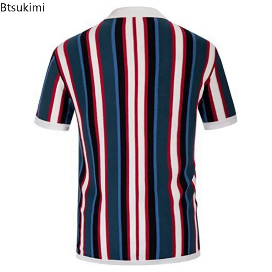 2024 Men\'s Summer Casual Knitted Shirts British Retro Stripe Patchwork Knitted Short Sleeve Jacquard Business Polo Shirt Male