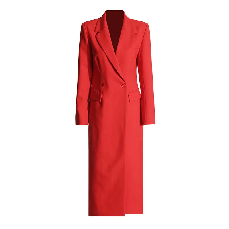 Red Solid Coat Fashion Slim Long Sleeve Turn-Down Collar Trenchcoat