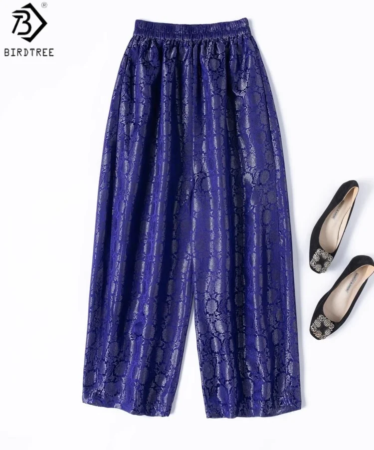 

Birdtree 30MM 100% Mulberry Silk Lotus Print Pants,Women Jacquard Satin Elastic Waist Loose Pocket Harem Pants, 2025 NewP57118JF