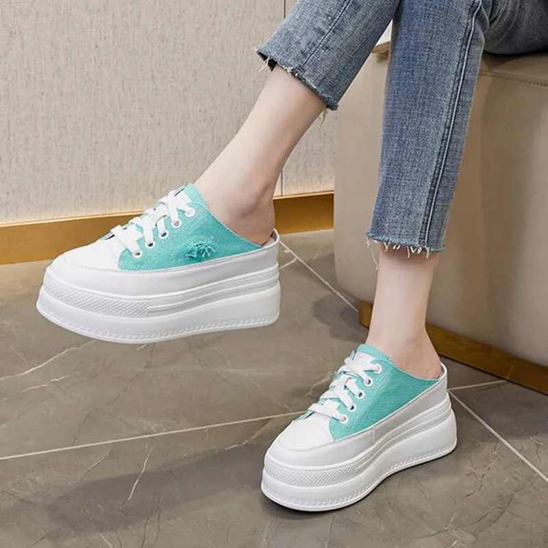 9 سنتيمتر النساء الصيف الخريف النعال الجديدة منصة إسفين كعب أحذية الشاطئ الشرائح الإناث البغال أحذية رياضية موضة قماش النعال