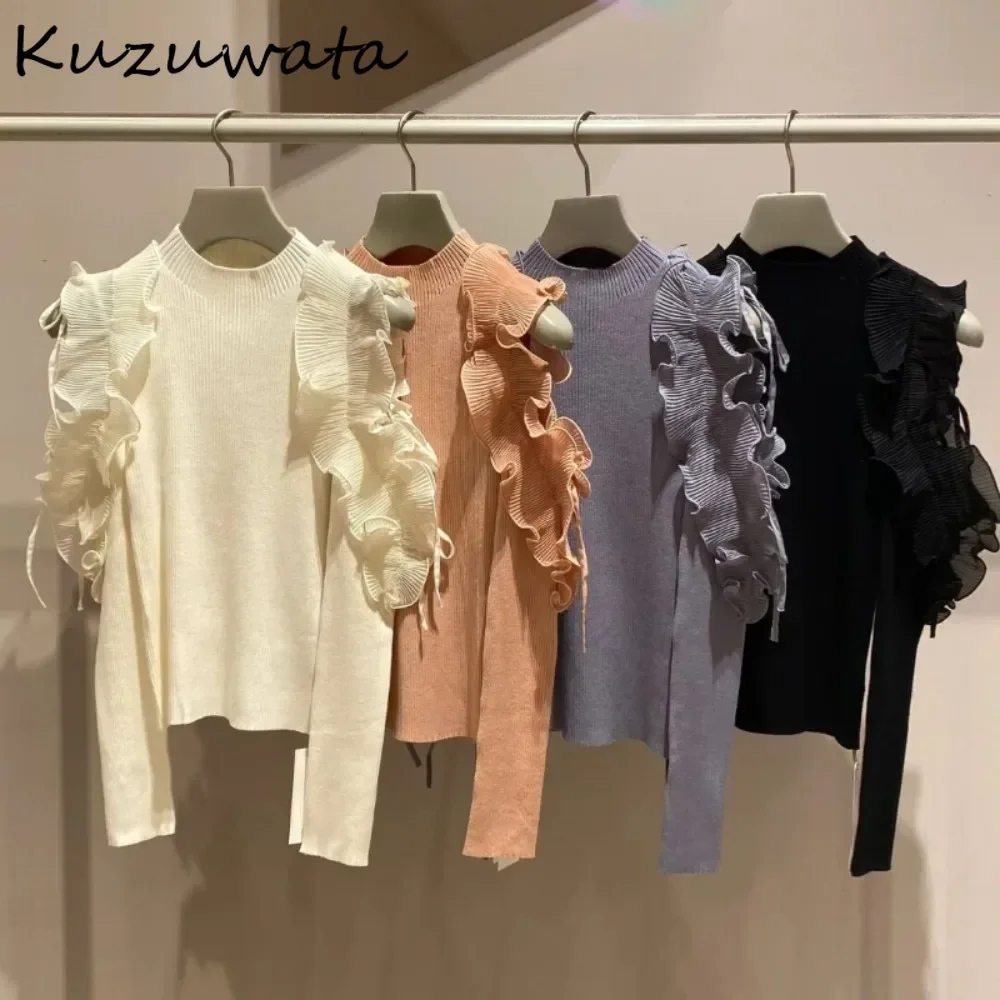 Kuzuwata Winter O Neck Long Sleeve Pullover Sweaters Lace Up Off Shoulder Ruffles Knitted Japan Patchwork All-match Slim Jumper