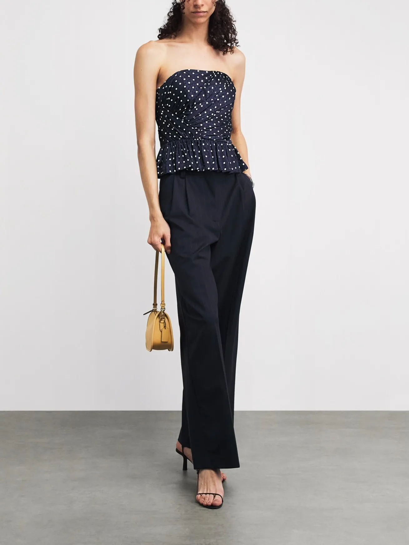 Retro Dark Blue Polka Dot Sleeveless Women's Vest Pleated Waist Cinch Short Fit Polyester Fiber No Shoulder Strap Vest