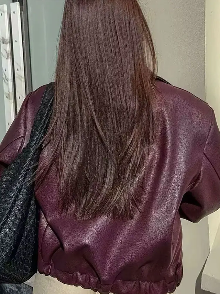 HH 2024 otoño moda urbana chaqueta Bomber de cuero para mujer Color sólido manga larga solapa cremallera mosca casual abrigos Retro