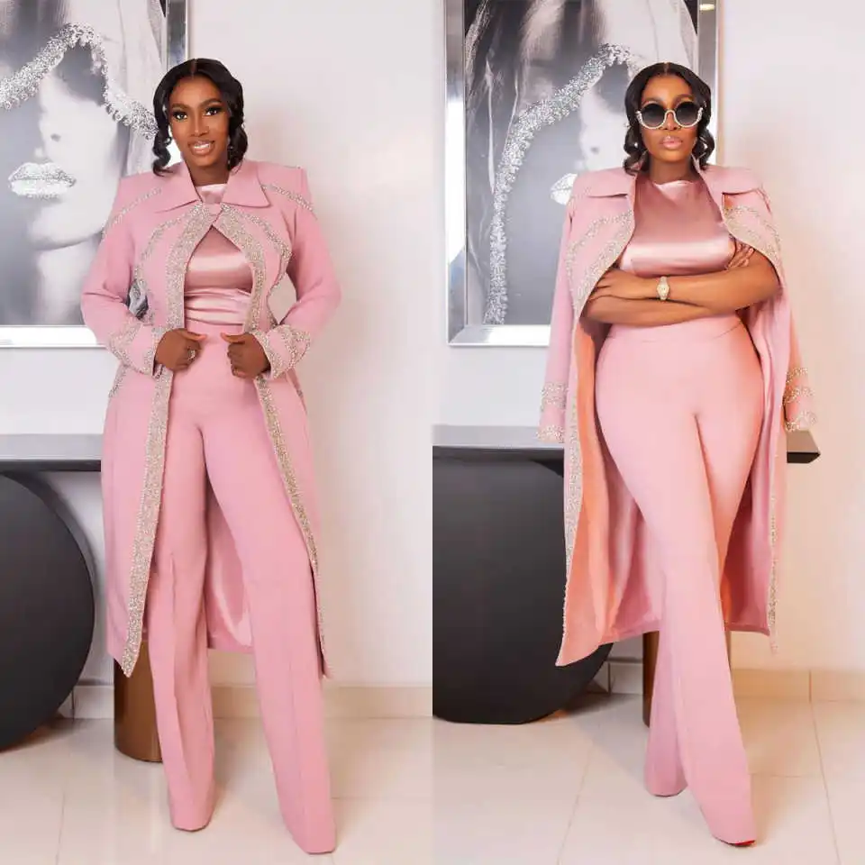 Fashion Plus Size Women Suits 2 Pieces Set Luxury Sequined Lace Long Jacket Wide Legs Pants Customized Formal Dresses