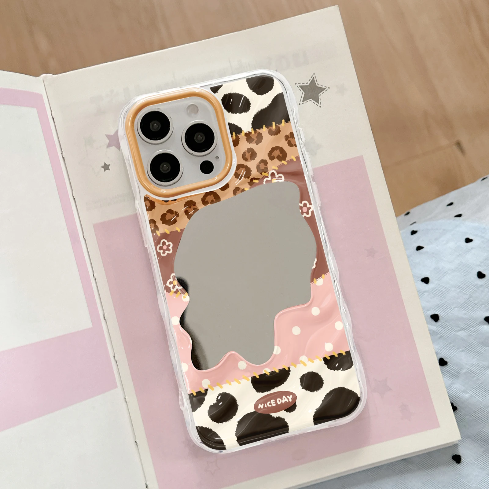 Clear Wavy TPU Case, Patchwork Leopard Cow Polka Dot Flower Nice Day Irregular Bear Mirror Cover Fit iPhone 11-17 Pro Max