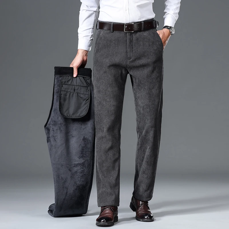 

Winter Corduroy Pants Men's Warm Fleece Brown Loose Straight Business Casual Trousers High Quality Thick Plush Velvet Clothes